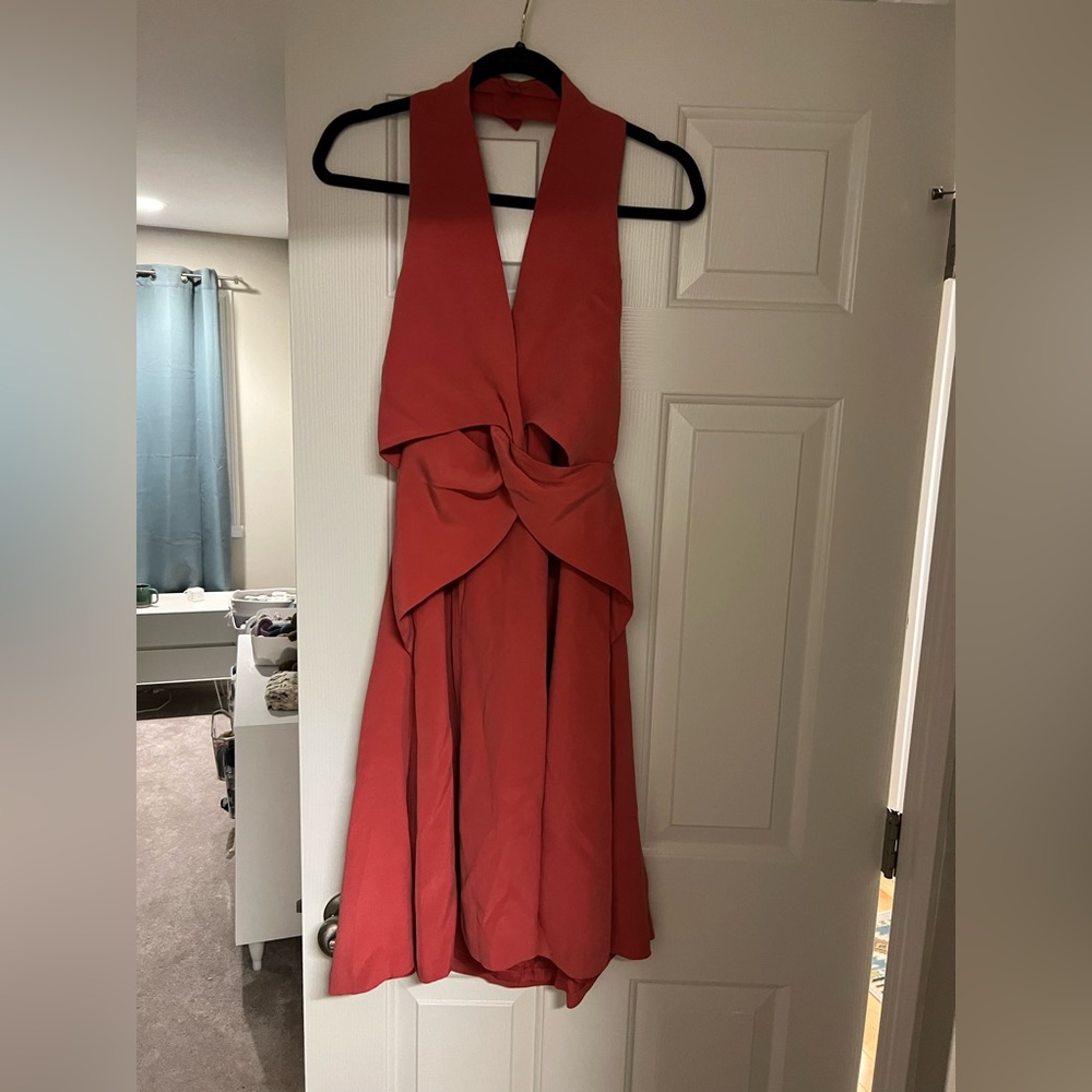 Antonio Gual Cocktail Dress; midi, deep-v, drop-back halter dress 100% Silk